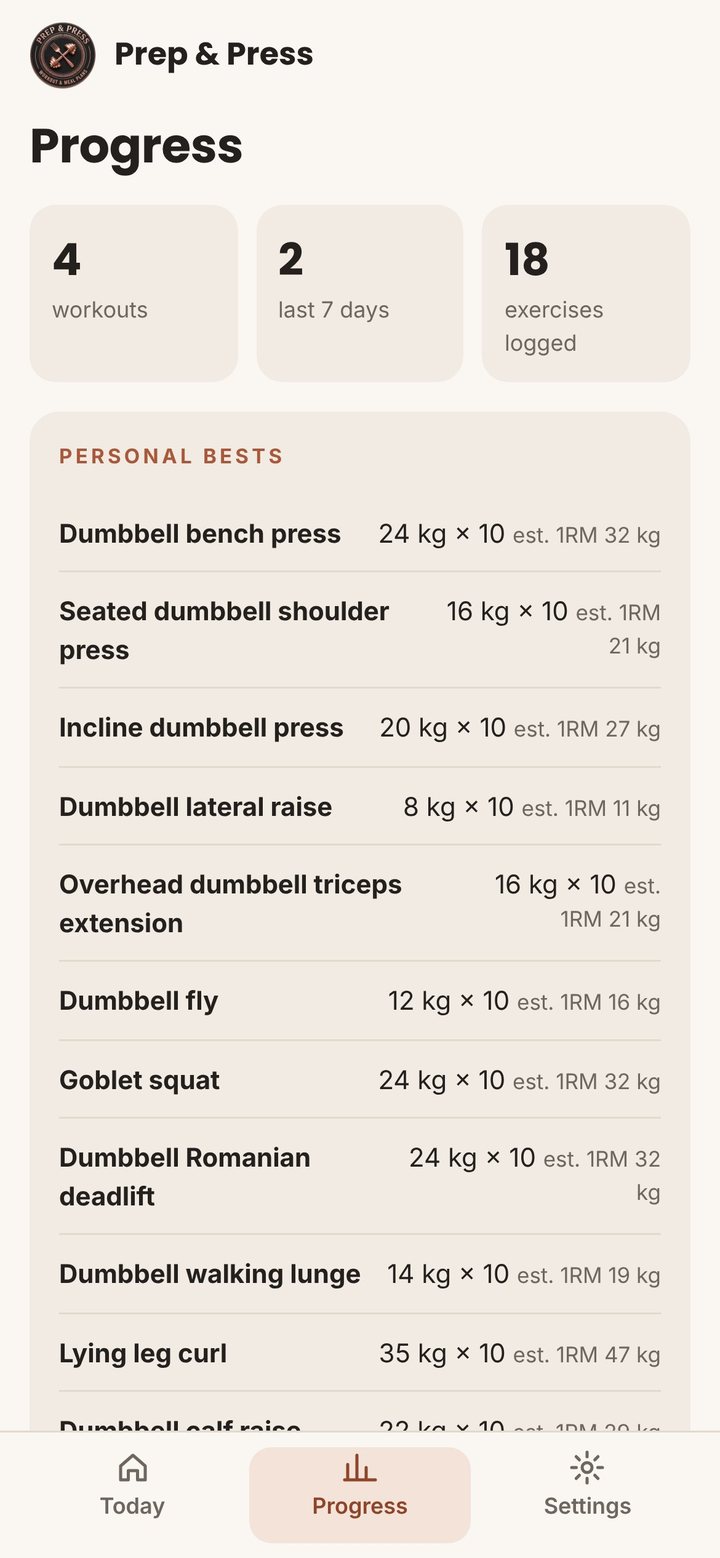 Progress screen with workouts done and personal bests