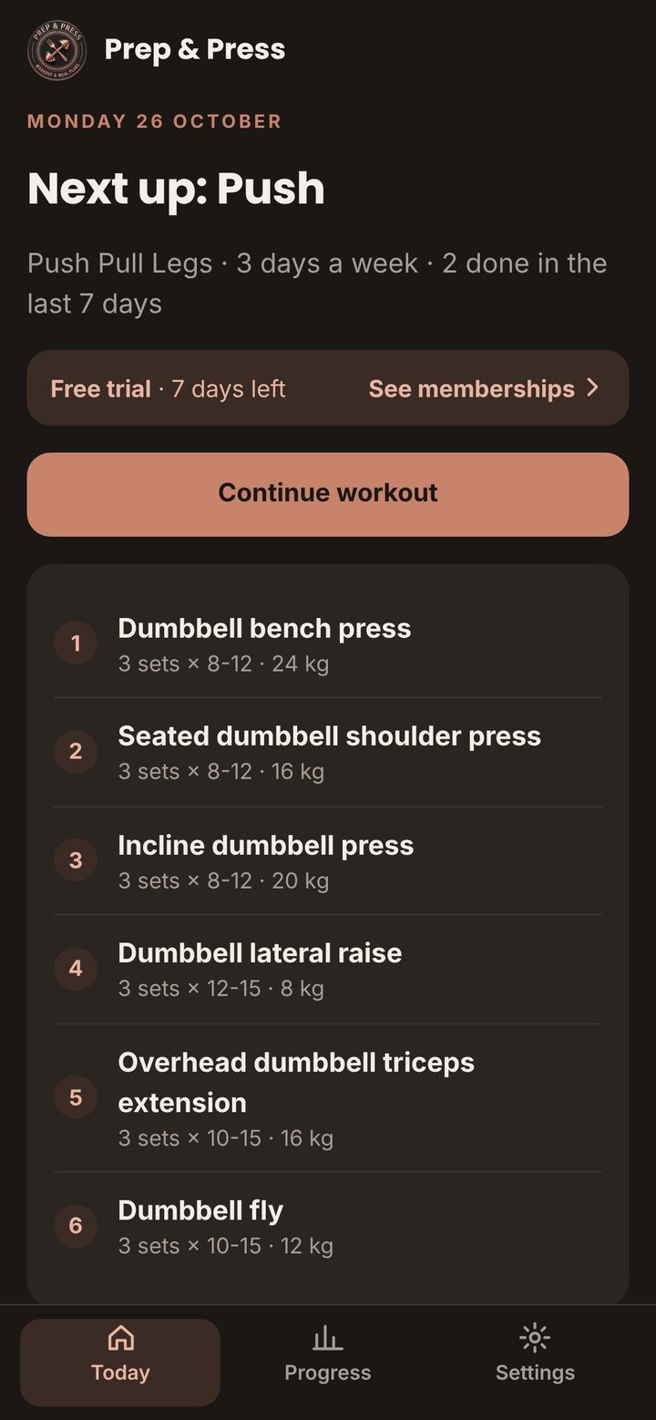 Today screen with the next workout and target weights